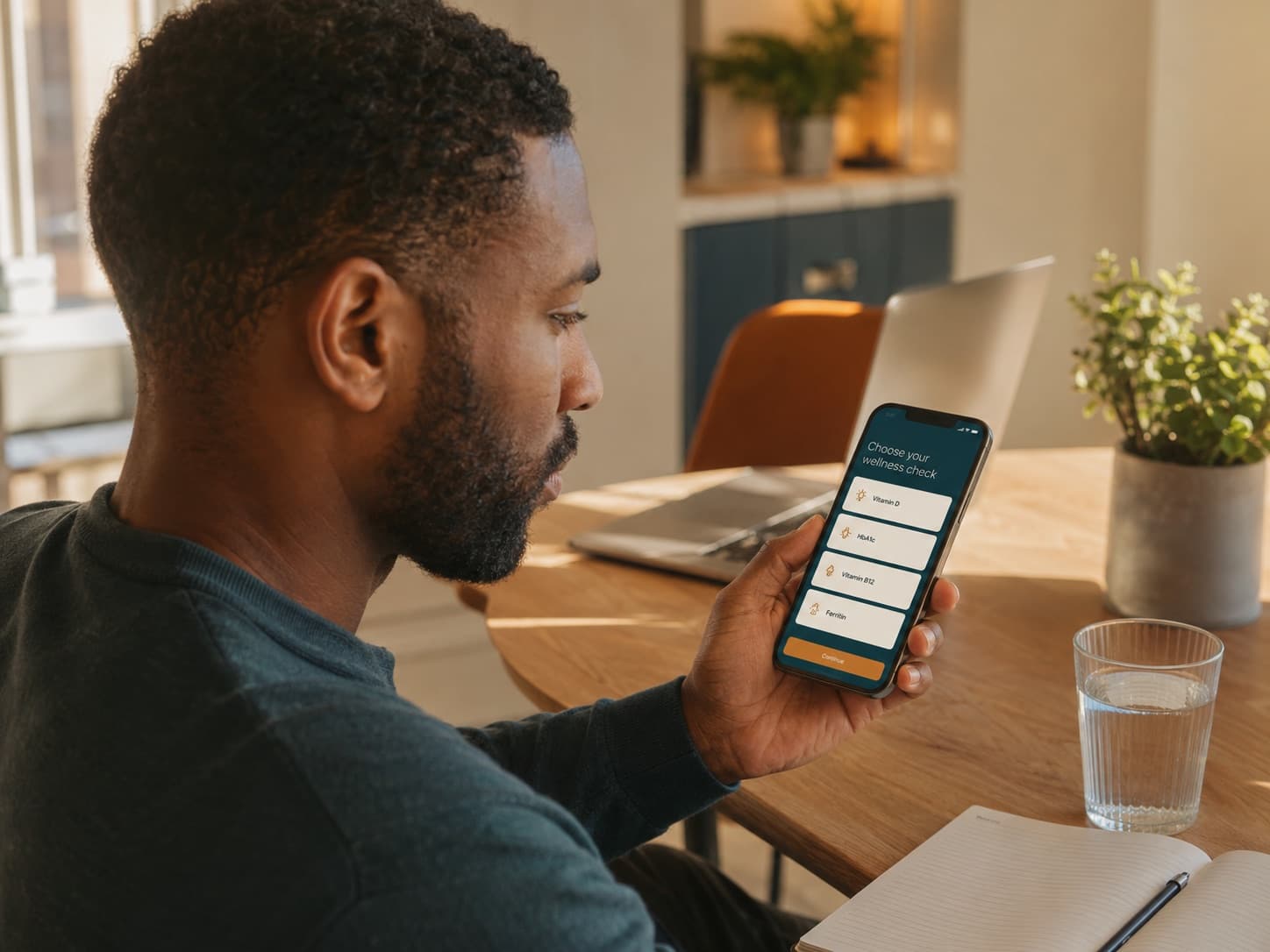 Customer choosing a wellness check on a smartphone at home.